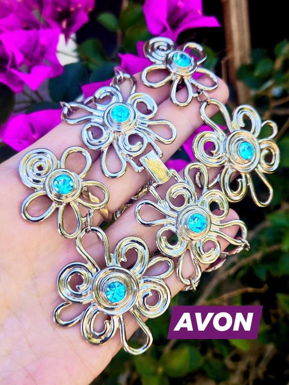 Vintage Signed Avon Floral Swirl Bracelet & Matching Clip-On Earring Set